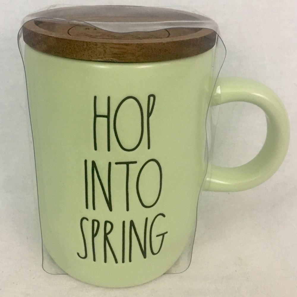 Rae Dunn Easter “Hop Into Spring” Green Mug Wood Lid Coaster LL By Magenta NEW